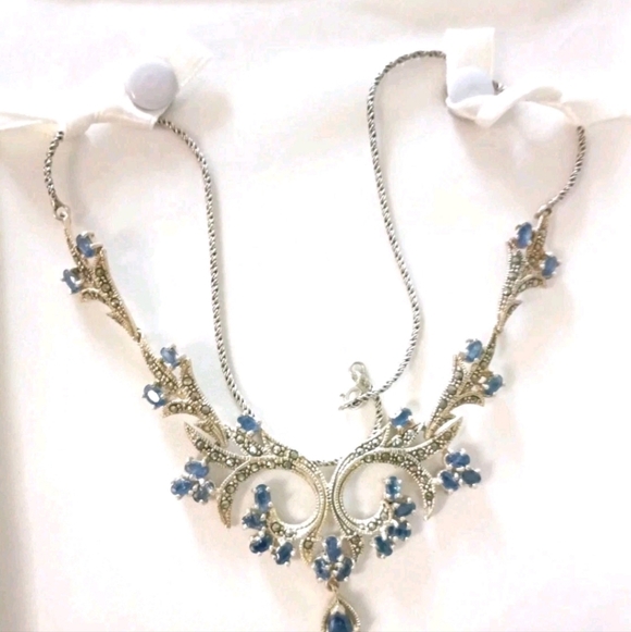 925 Genuine Blue Sapphire 28 Stones Marcasite Victorian Style Necklace 19"X5" - Picture 4 of 13